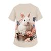 Blusa de Trabajo Elegante para Mujer con Cuello en V, Manga Corta, Aberturas Laterales Dobles y Bolsillos, con Estampados de Conejo y Huevo de Pascua.