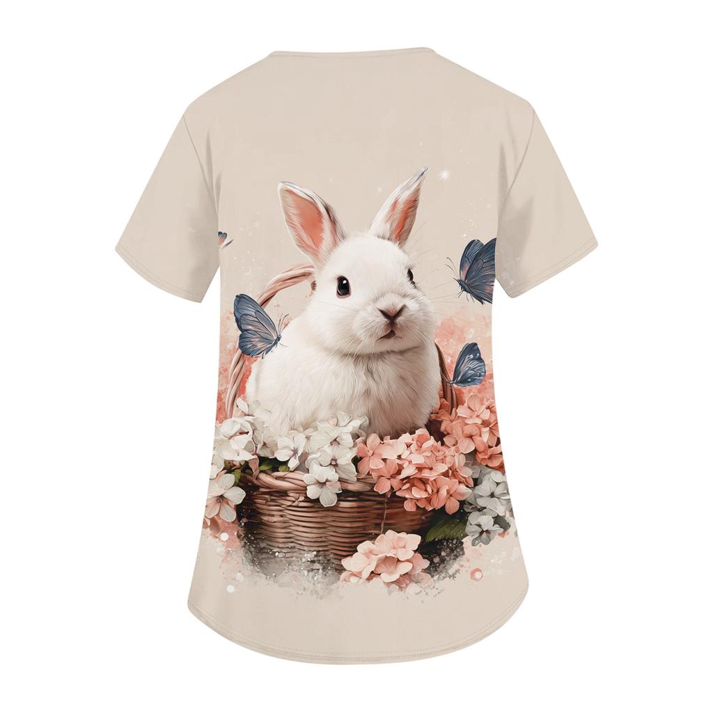 Blusa de Trabajo Elegante para Mujer con Cuello en V, Manga Corta, Aberturas Laterales Dobles y Bolsillos, con Estampados de Conejo y Huevo de Pascua.