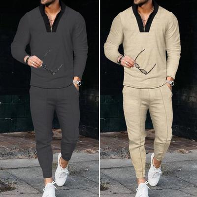 2 Pcs/Set Sports Zipper Stylish V Neck Fitness Top Sweatpants Suit Men Tracksuit