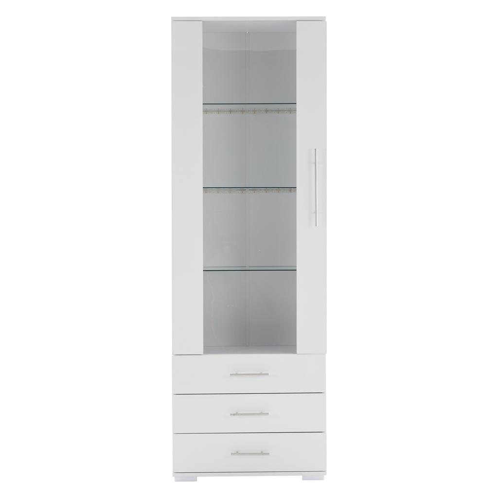 Vit högglansig montr, glasmontr, fristående montr med LED-belysning, vertikal med 3 lådor, 60*35*180cm