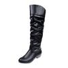 Damen Ritterstiefel Niedriger Absatz Grober Absatz Hohe Stiefel Plissierte Überstiefel Fleece Lange Stiefel Dicke Sohle Hoher Schaft