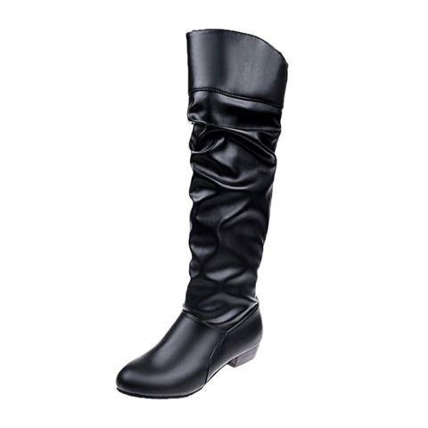 Damen Ritterstiefel Niedriger Absatz Grober Absatz Hohe Stiefel Plissierte Überstiefel Fleece Lange Stiefel Dicke Sohle Hoher Schaft