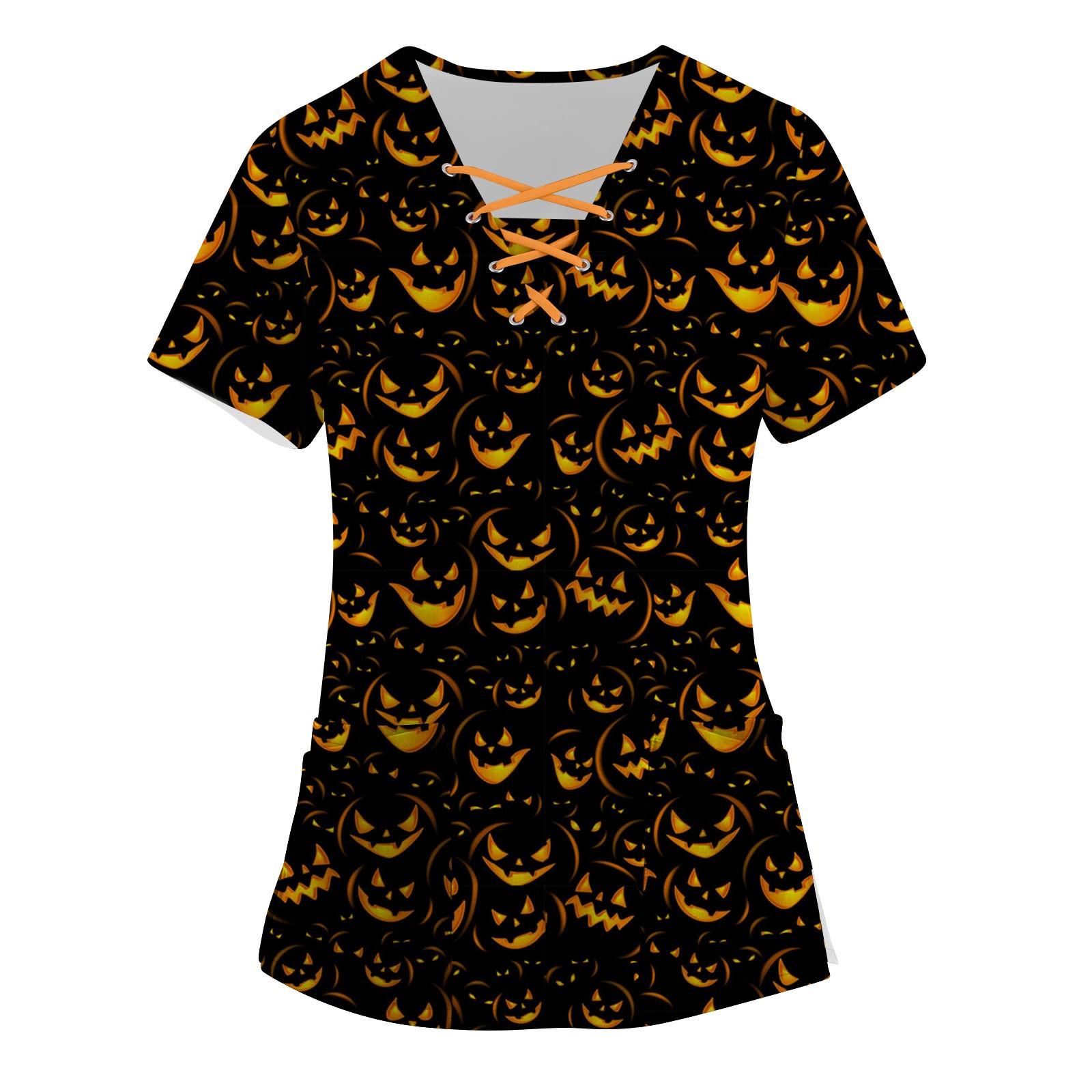 

(SU)Женские топы с короткими рукавами и v-образным вырезом с принтом на Хэллоуин, рабочая блузка с карманами