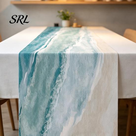Summer Coastal Table Linens Beach Runner, Ocean Wave Rustic Linen Runner for Home House Party Decor Accessories
