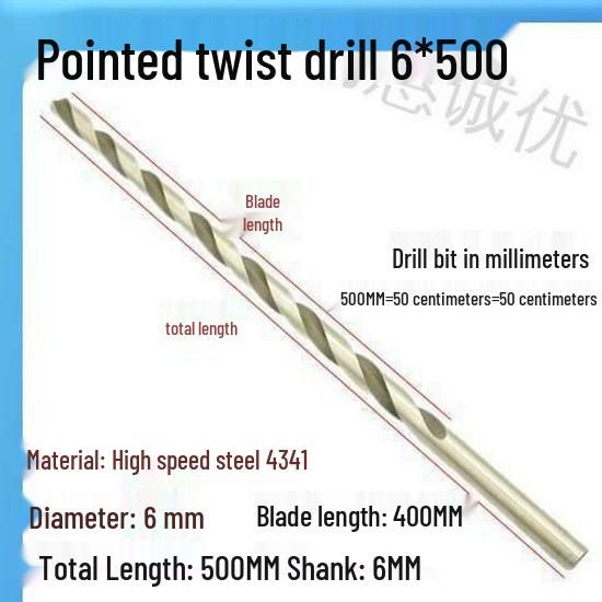 Extra Long 5060 Cm Twist Drill Bit, 500mm High-Speed Steel, Straight Shank for Deep Hole Drilling In Stainless Steel, Wood, 468 Industrial Series.