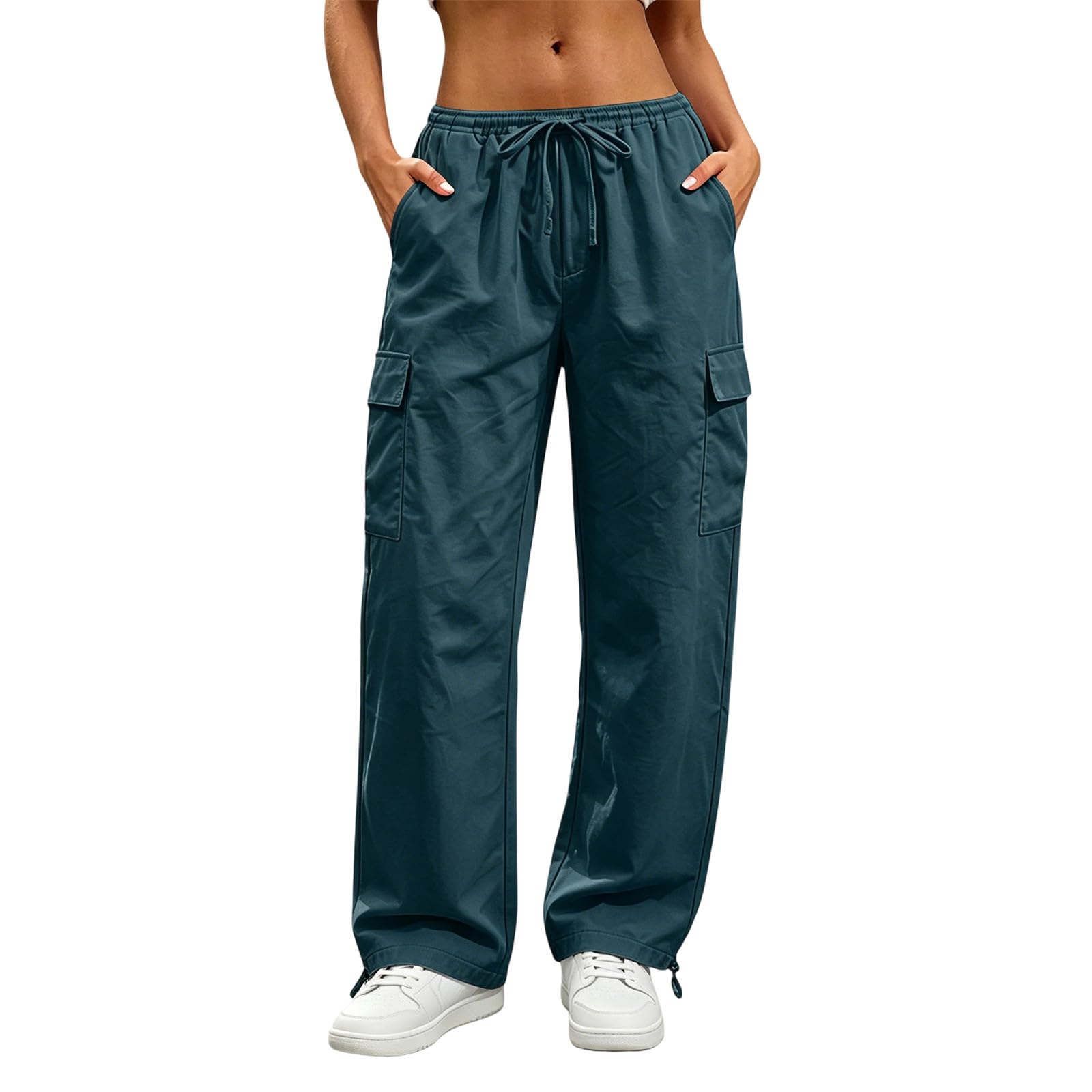 

Women Casual Cargo Pants Drawstring Waist Loose Fit Multi Pocket Workwear Trousers Lightweight Breathable Fabric XL Темно-синій