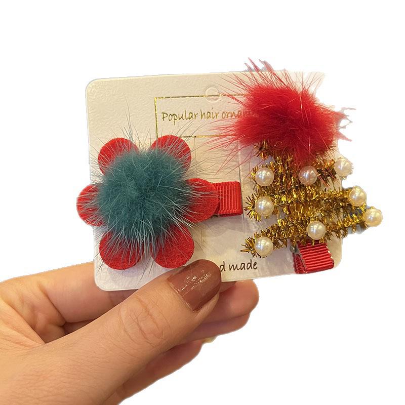 Christmas Hair Accessories - Red & Green Girls' Side Clips: Festive Duckbill Headwear for Autumn/Winter