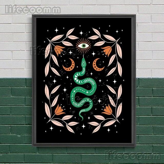 2023 księżycowa faza księżyca i magiczna ćma obraz ścienny na płótnie wąż, roślina, księżyc, elementy czarów plakat artystyczny dekoracja z nadrukiem bez ramki