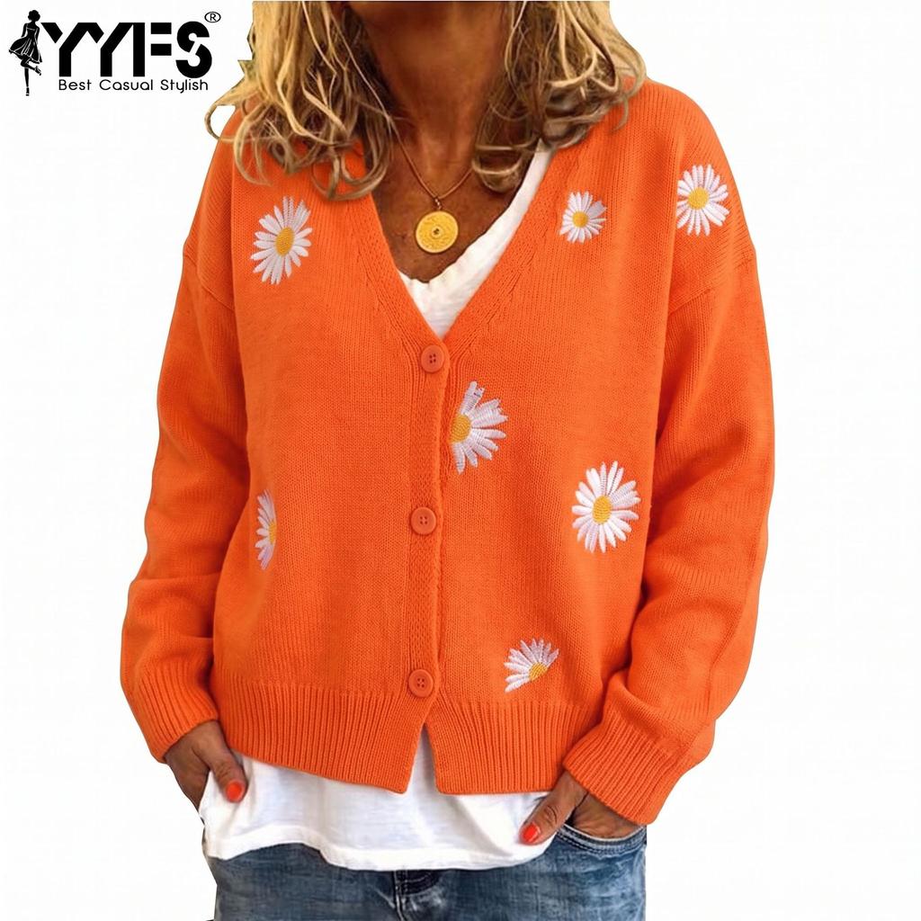 YYFS Suéteres Casuales de Moda para Mujer Otoño Invierno Estampado de Flores Manga Larga Cuello en V