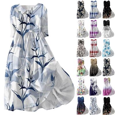 Women's Fashion Printed Flip Collar Button Up 3/4 Sleeve Strap Dress