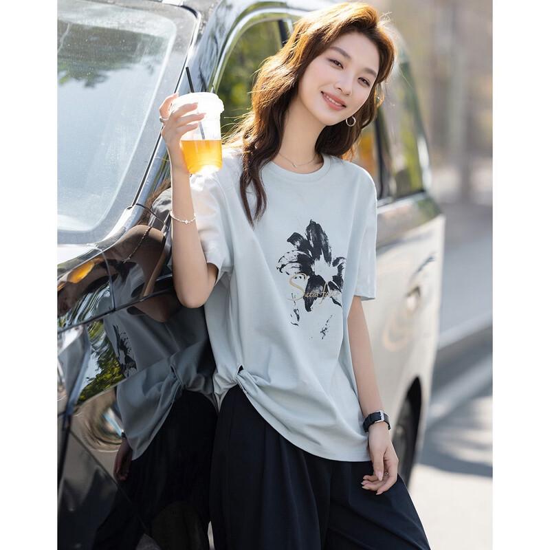 Demana Women's Floral Print Cotton T-Shirt with Side Knot Detail