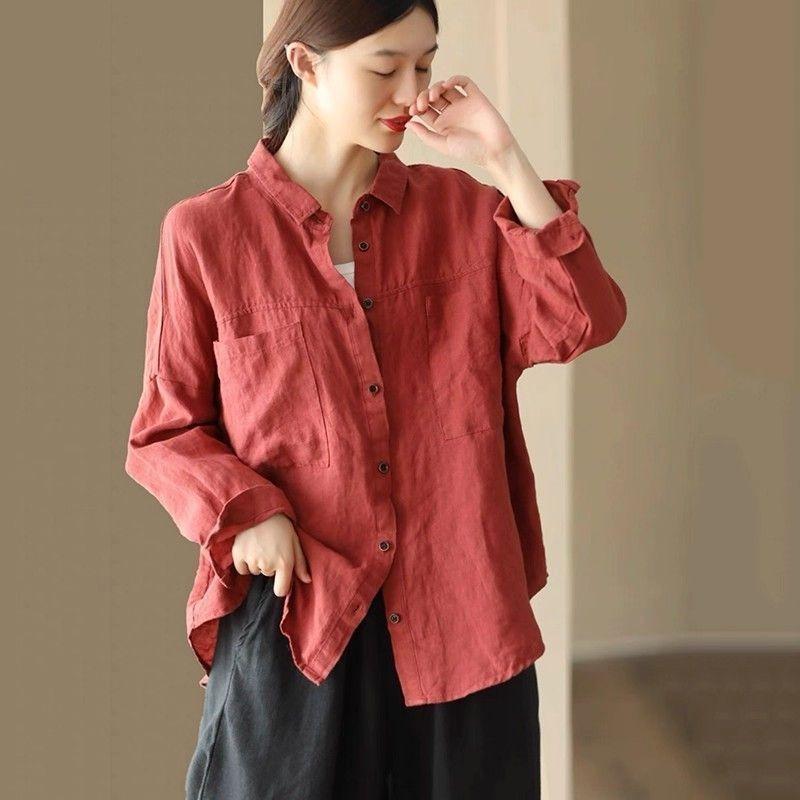 Chemise Polo Manches Longues Vintage en Coton et Lin pour Femme Blouse Décontractée