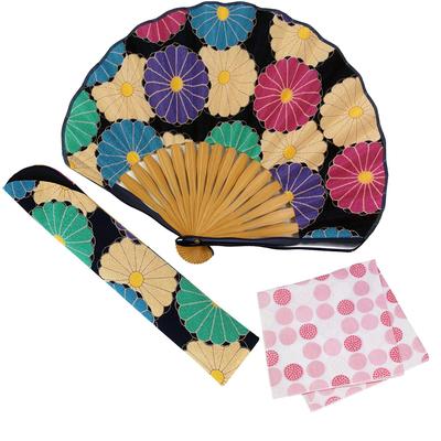 Leque de Negócios Estiloso com Bolsa para Leque e Lenço Design Grande de Crisântemo [Osaka Choseido] Conjunto Feminino, (Azul)