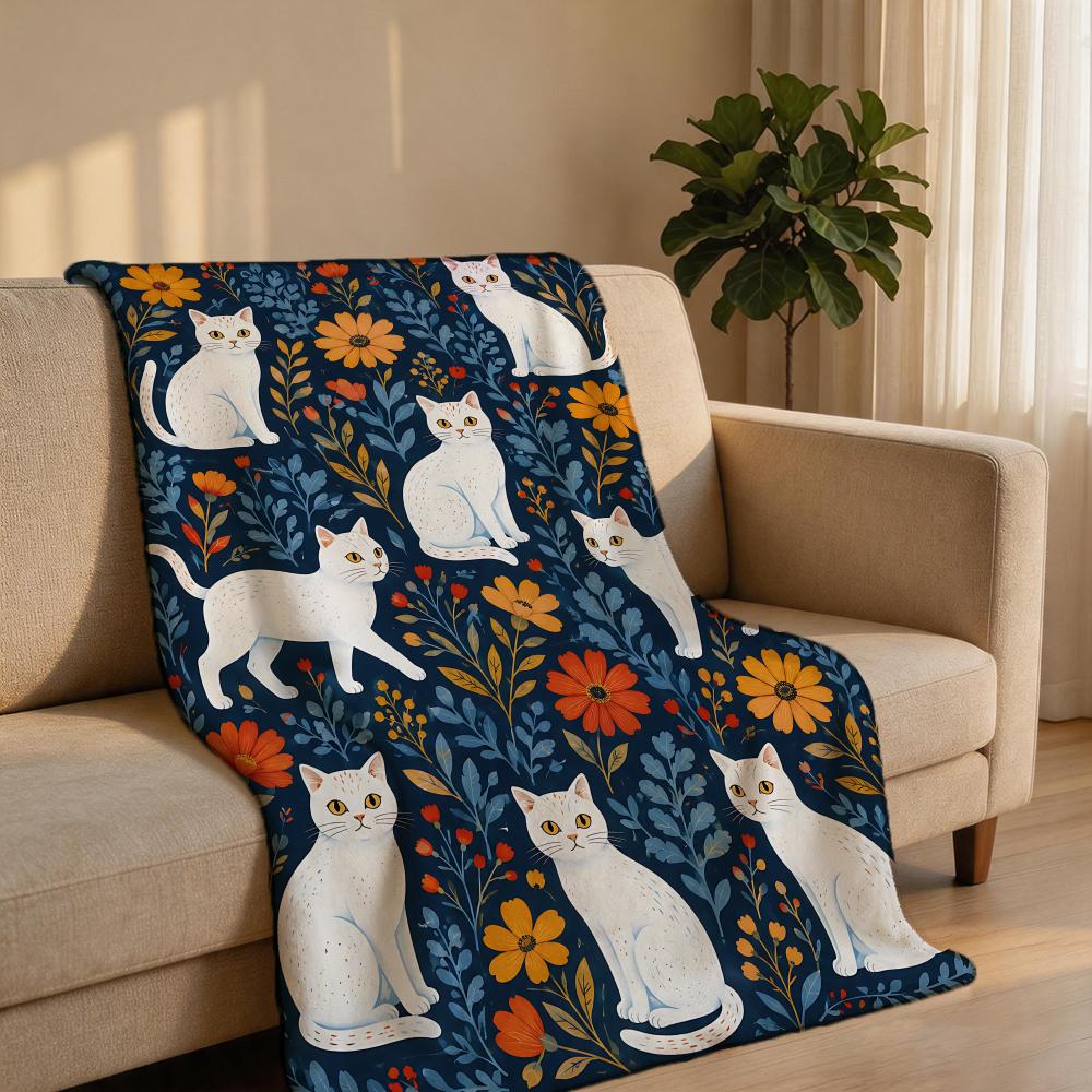 VintageBlumenWeißerKatze Überwurf Kurzer Plüsch Überwurf Weich Hautfreundlich Mehrere Szenen Home Office