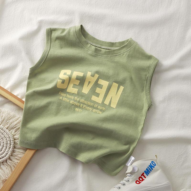 Ärmellose Baumwollweste für Kinder im koreanischen Stil Sommer T-Shirt mit Buchstabenaufdruck zum Überziehen 80cm grün