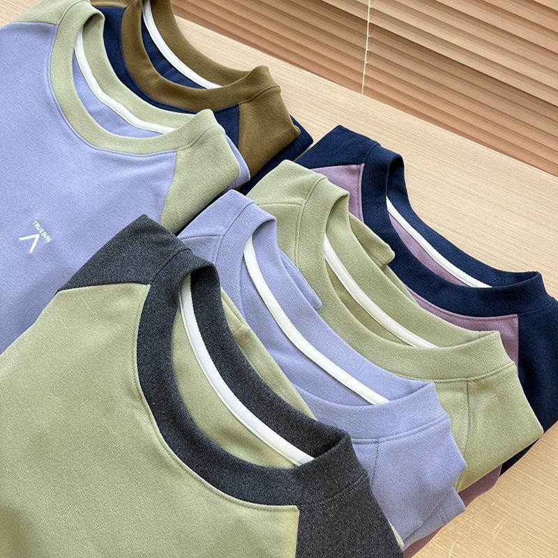 Unisex Outdoor Lightweight Color-Block Patchwork Round Neck Long Sleeve Fleece Base Layer T-Shirt