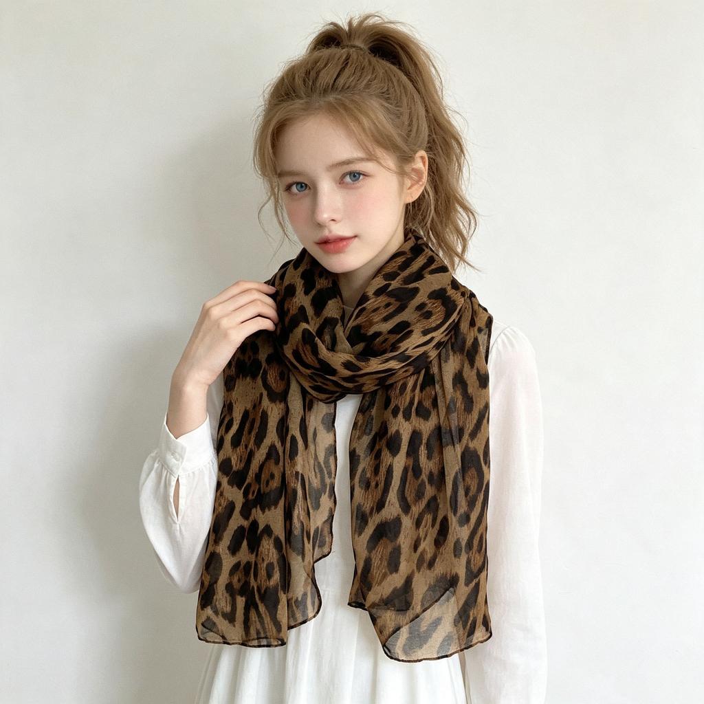 Retro black and gold leopard print white silk scarf autumn and winter new fashion light luxury high temperament warm scarf shawl dual-purpose