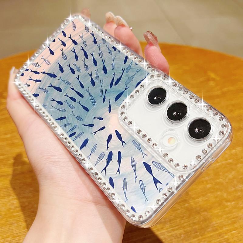 Whale Pattern Soft Silicone Phone Case For Samsung S25 Edge S24 FE S23 Ultra S22 A16 A56 A36 A15 A55 A35 Diamond Frame Clear Shockproof Cover