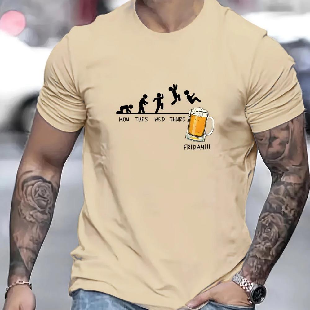 Summer men's 100% cotton casual loose size Jumping In Beer print round neck short sleeved T-shirt top