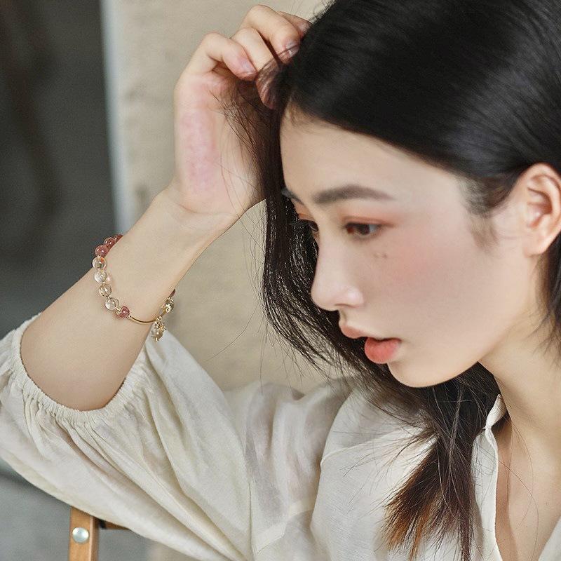 Natural Blond Crystal Bracelet, Strawberry Crystal Bracelet, Peach Blossom Design Fashion Jewelry.