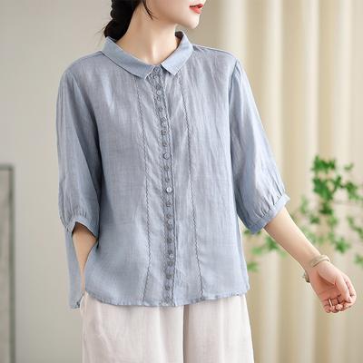 2025 Summer New Cotton and Linen Embroidered Shirt Women's Loose and Thin Lapel Five-quarter Sleeve Versatile Temperament Cardigan Top