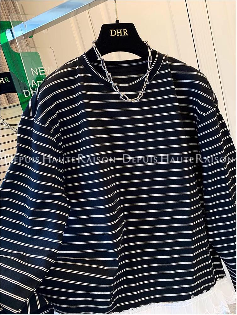Korean-Style Striped Lace Trim Fake Two-Piece Long-Sleeve Women's T-Shirt