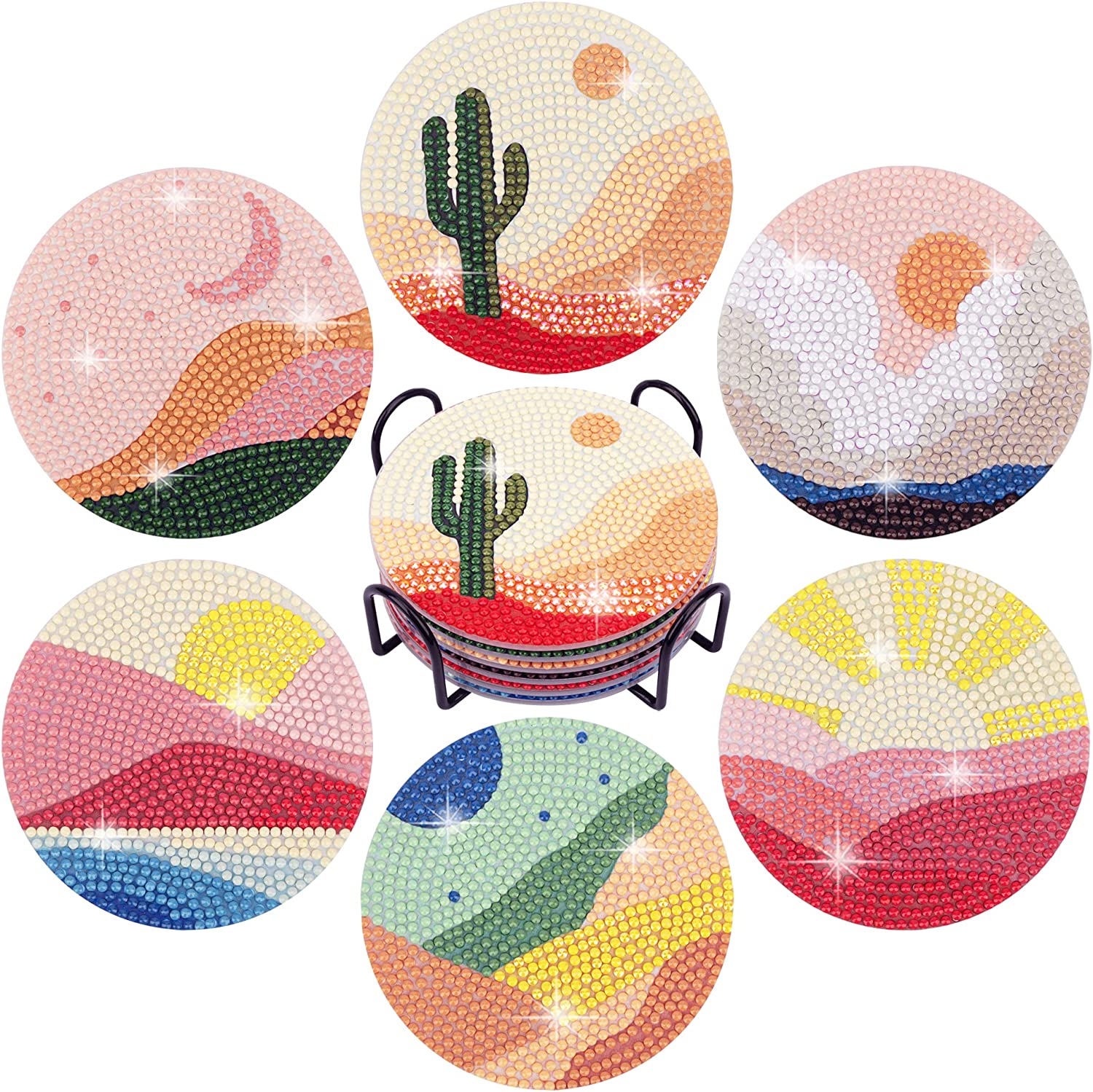 

6-piece Set of DIY Diamond Painted Coasters Desert Starry Sky Pattern And Complimentary Cup Holder
