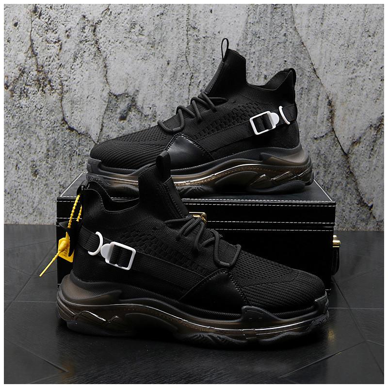Autumn Men Sneakers Casual Fashion Breathable Increased Internal Platform Shoes Elastic Force Knit Street Trend Cool Board Shoes