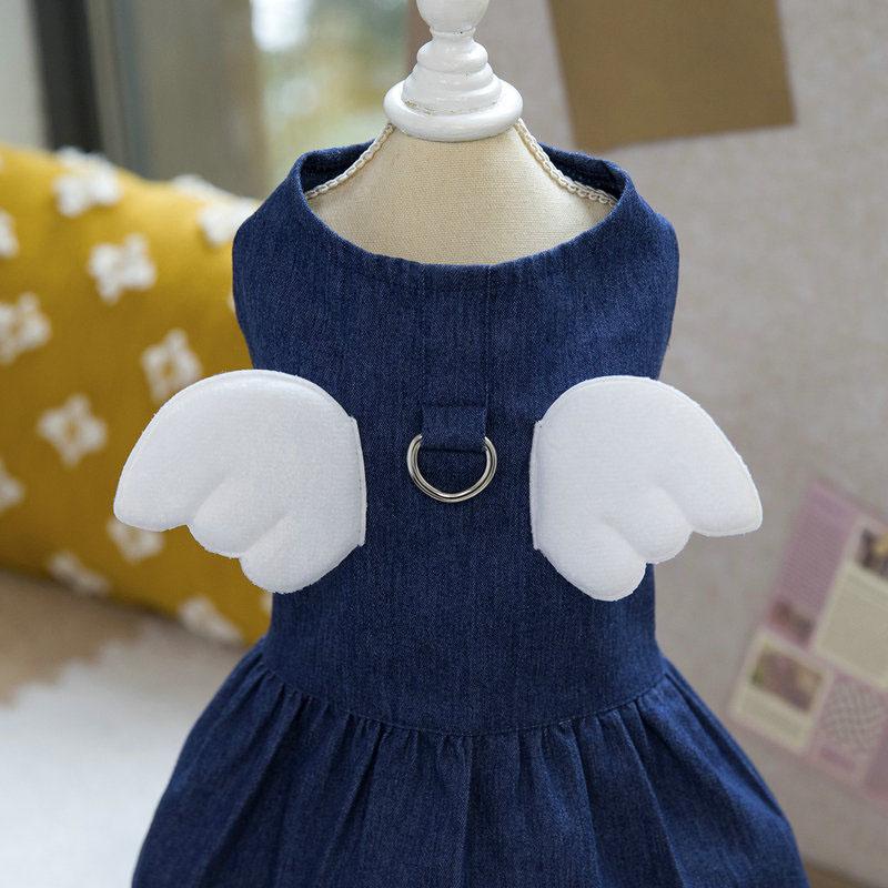 Dog Clothes Light/Deep Blue Denim Puppy Summer Clothes Wings Decor Clothing Dog Dresses Apparel Dog Harness Clothes Girls Dress