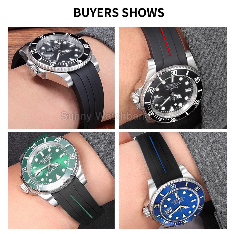 Silikonový doplněk k hodinkám 20mm Černý styl pro Rolex Daytona Černý Zelený Submariner Yacht-Master Voděodolný Prodyšný Řemínek