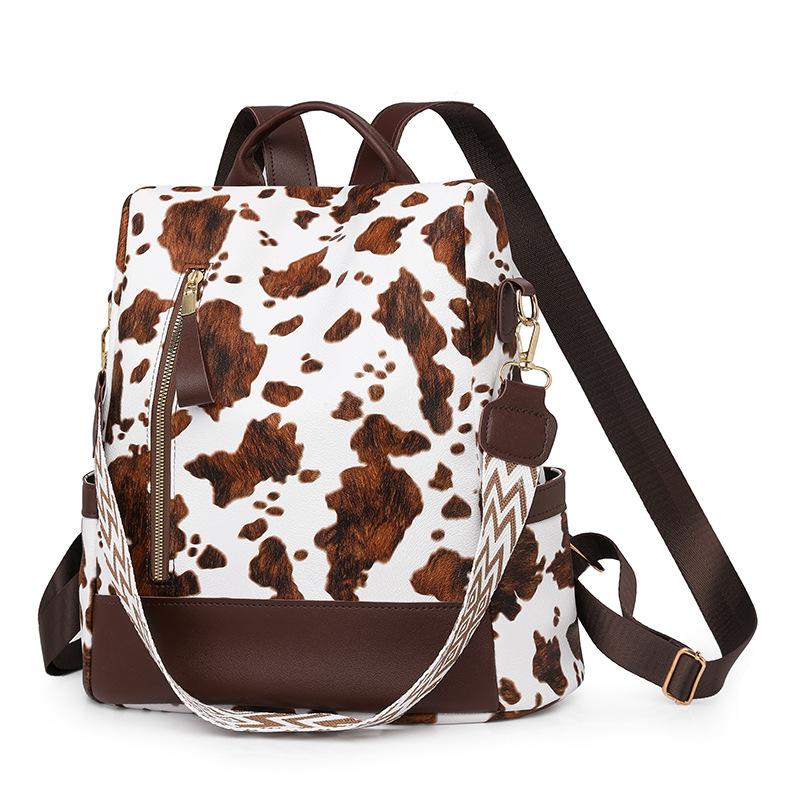 Women's Travel Backpack Fashionable Cow Pattern Anti-theft Single Shoulder Bag Commuting Water-splash PU Lightweight School Bag
