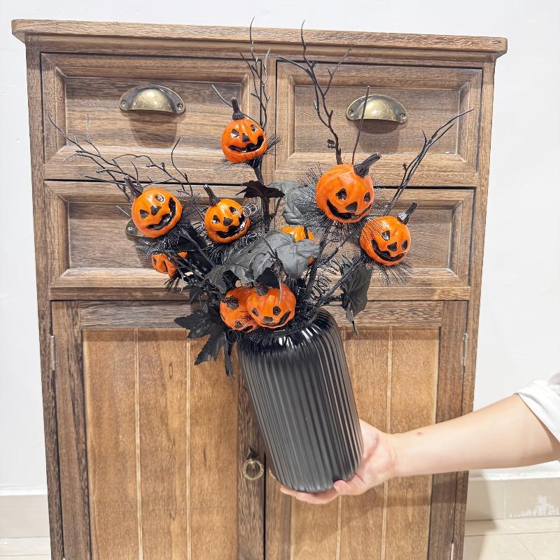 Halloween Artificial Pumpkin Bouquet Decor - Spooky Ghostly Pumpkins,Plastic Battery-Free Decoration for Home,Party,or Christmas