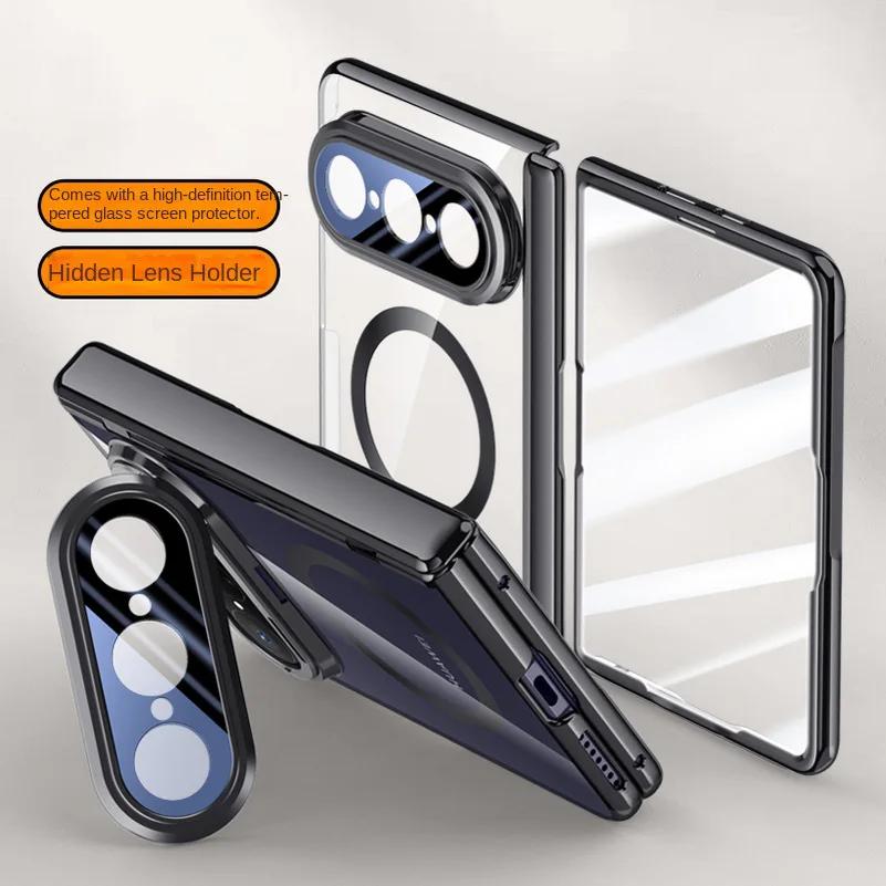 Magnetic Ring Transparent Privacy Screen Tempered Glass Protector Case For Huawei Pura X Max Spring Hinged Holder Back Cover