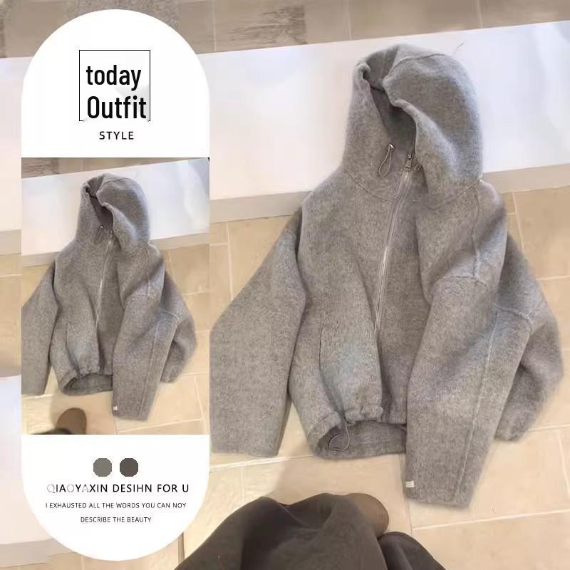 

Women s Trendy Loose Hooded Cardigan: Korean Style Elegant Short Jacket for Winter 2025 S [Recommended for 40-47.5 kg]