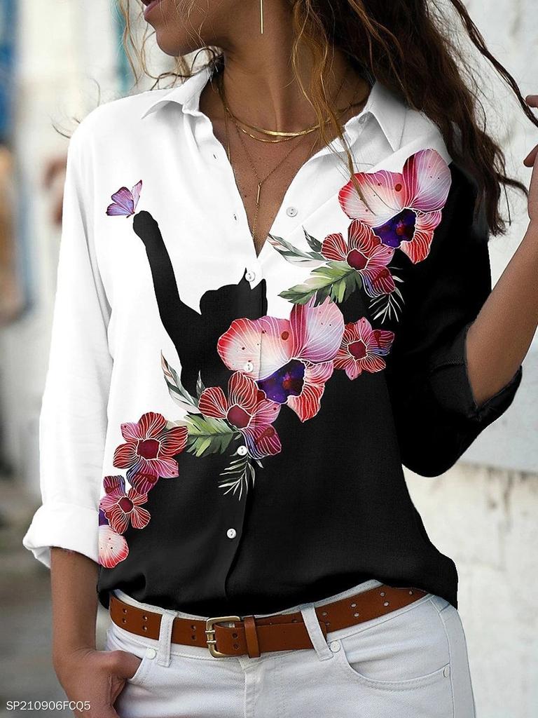 Manufacturer 1116 New Fashion Small Flower Printing Lapel Long Sleeve Shirt Women