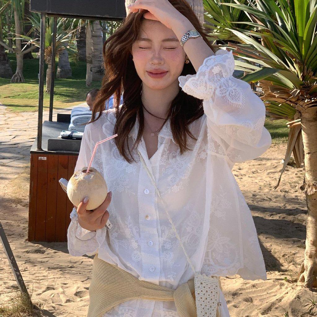 Women's Lemon Green Tea Lace Embroidery Jacquard Shirt - 3D Retro Sun Protection Cardigan for Spring 2026.