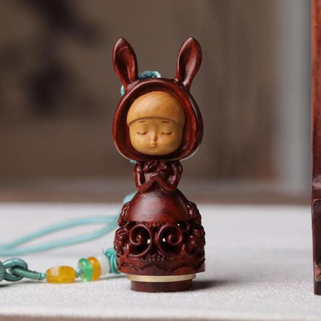 Exquisitely Carved Red Sandalwood Wishing Rabbit Sachet for Rearview Mirror, Phone, or Bag.