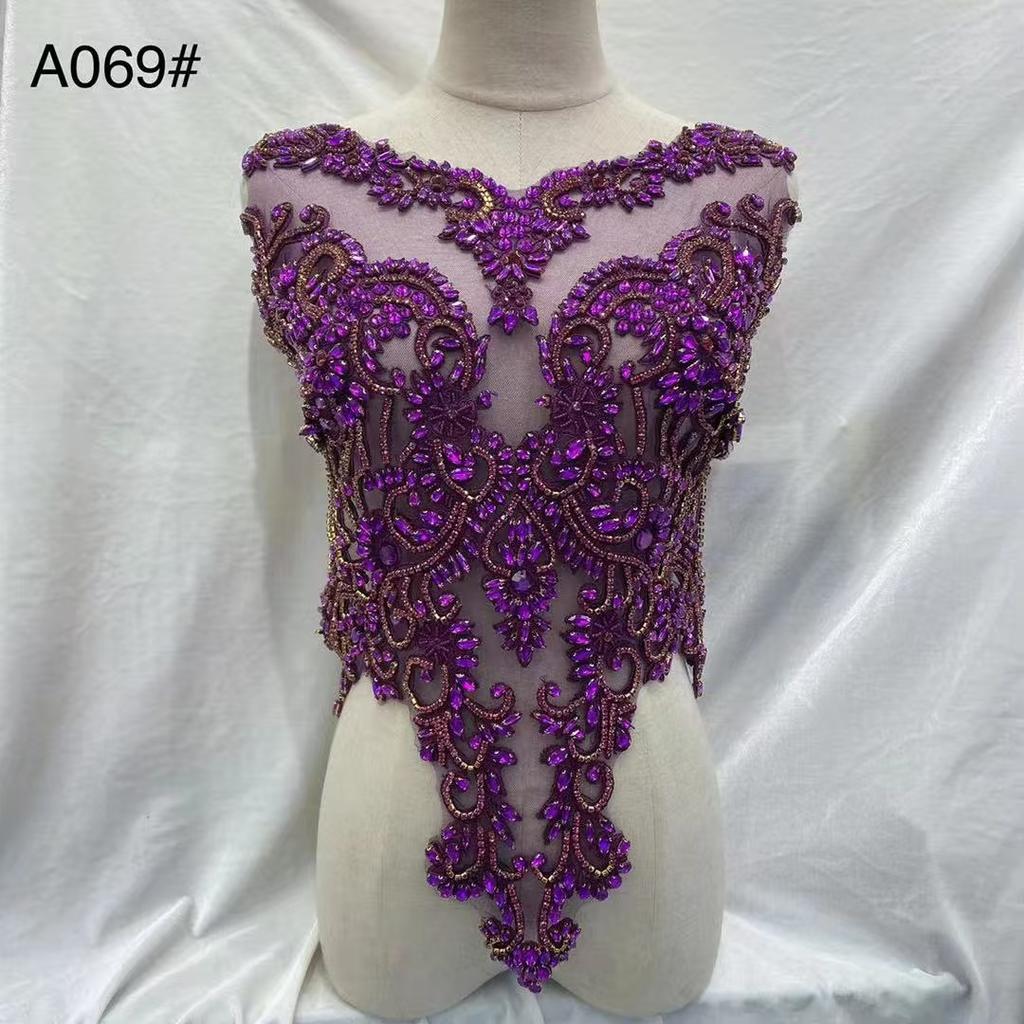 Rhinestone Tassel Dark Purple Beaded Lace Fabric with Motif Rhinestones Flower Shape Embroidery Trim for Wedding Dress