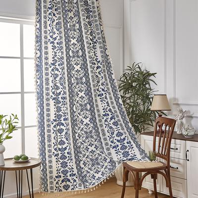 Cortinas de Linho Algodão Porcelana Azul e Branco Vintage Cortinas Semi-Blackout Cozinha Passa-Varão Estampadas Cortinas de Porta