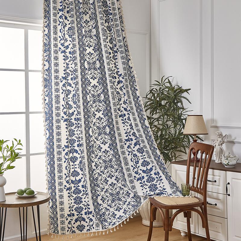 Vintage Blue and White Porcelain Cotton Linen Curtains Semi-Blackout Curtains Kitchen Rod-Through Printed Door Curtains