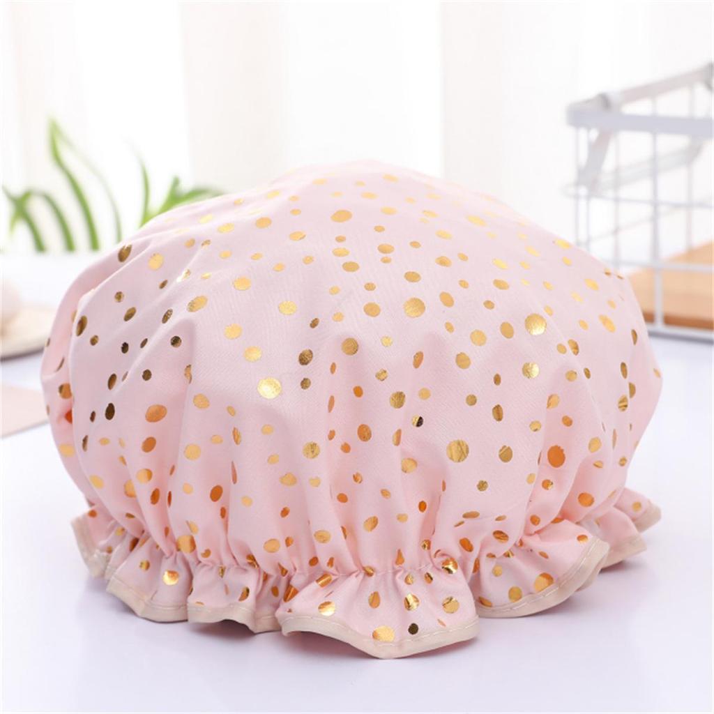 Double-layer Shower Cap  Waterproof Hair Cap  Gold-embossed Printed Polyester-cotton PEVA Shower Cap  Women's Bathing and Bathing Style