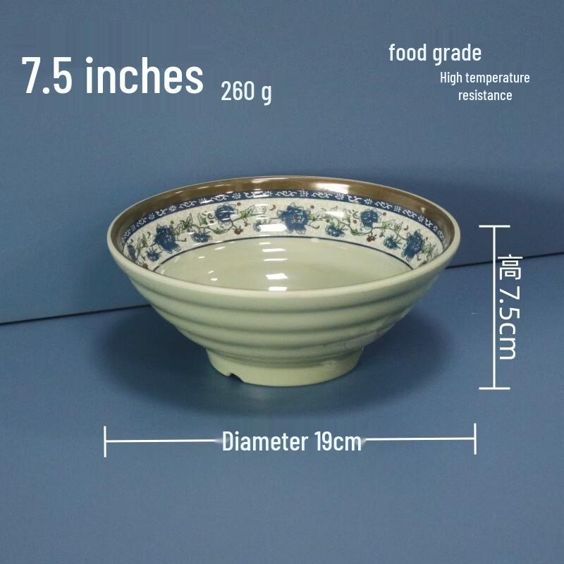 7.5-inch Commercial Melamine Noodle Bowl, Classic Blue & White