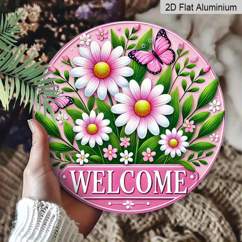 2D Flach, 1 Stück Charmantes Rosa Gänseblümchen & Schmetterling Willkommensschild - Runde Aluminium Türdekoration mit Lebendigem Blumendesign, Perfekt für Haus- & Garteneingang