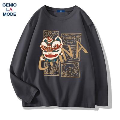 GENIOLAMODE Men's Chinese Trend Lion Dance Print Long Sleeve T-Shirt
