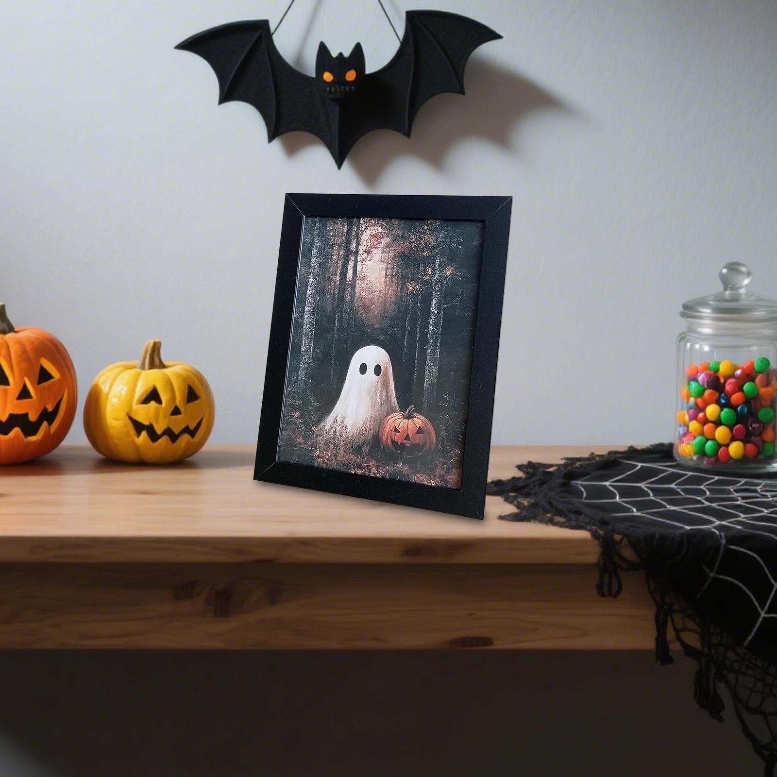

Halloween Art Print Decor 9x6.9 inch Spooky Scary Home Painting Picture for Shelf Bathroom Ghost and Dog