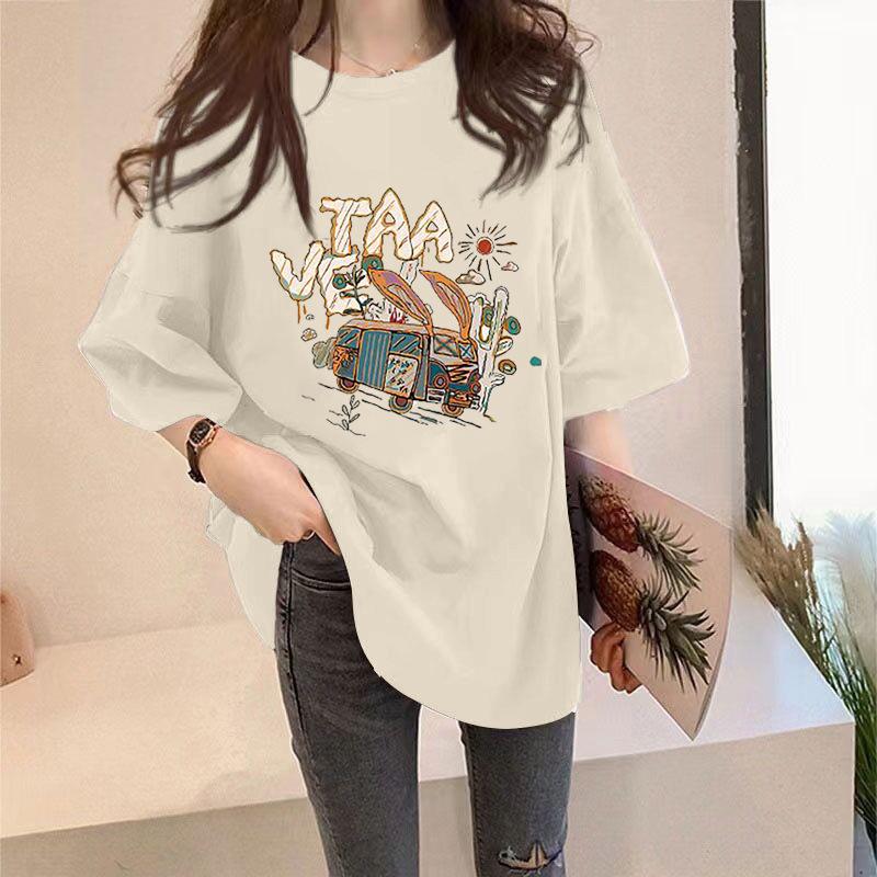Damen Rundhals Kurzarm T-Shirt Lockerer Schnitt Cartoon Bus Buchstaben Aufdruck T-Shirt Große Größen Sommer Freizeit Oberteil