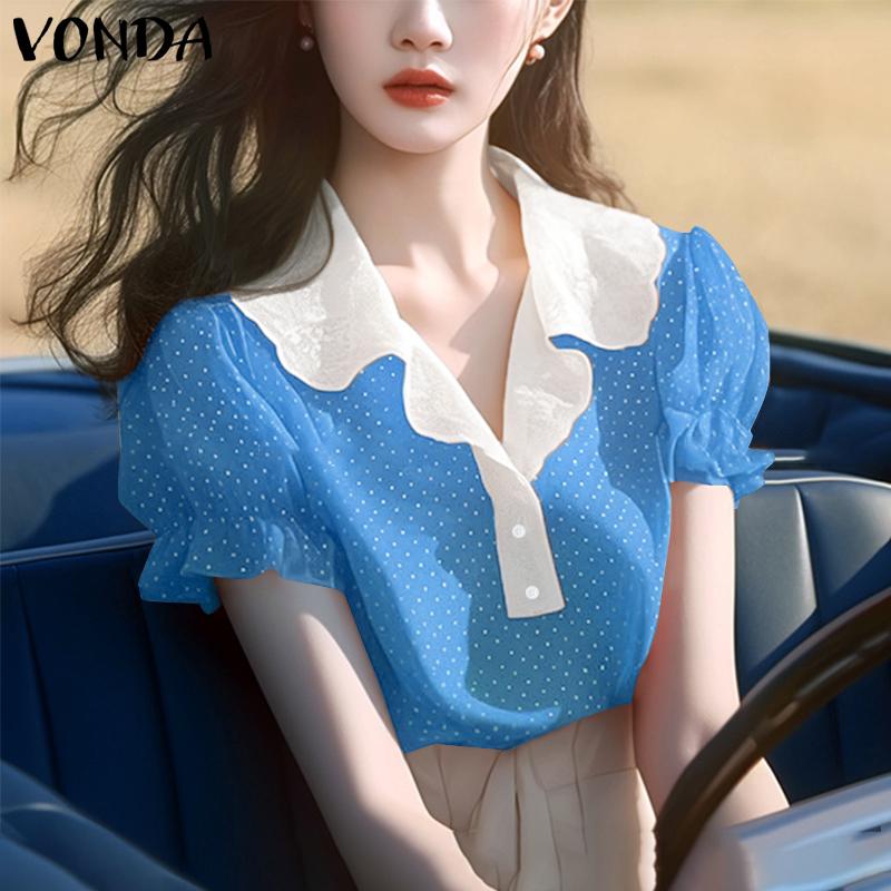 VONDA Summer Women Lace Neck Short Puff Sleeve Ruffled Polka Dots Casual Tops Blouse