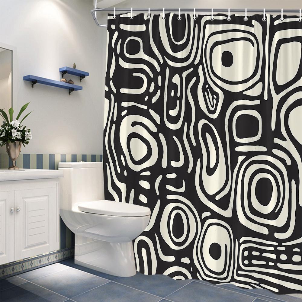 Abstract Shower Curtain – Black & White Op Art Pattern, Waterproof Polyester, Modern Minimalist Bathroom Decor With 12 Hooks