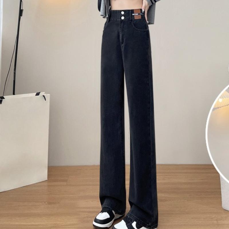 

Новые джинсы для полных женщин на весну и осень, прямые, свободные, с высокой посадкой, облегающие, больших размеров, до пола, узкой версии, брюки широкие от бедра 3XL чёрный