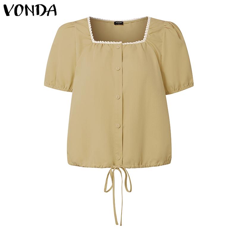 

VONDA Women Square Collar Short Sleeve Lace Hem Bow Knot Casual Short Blouse 5XL хаки